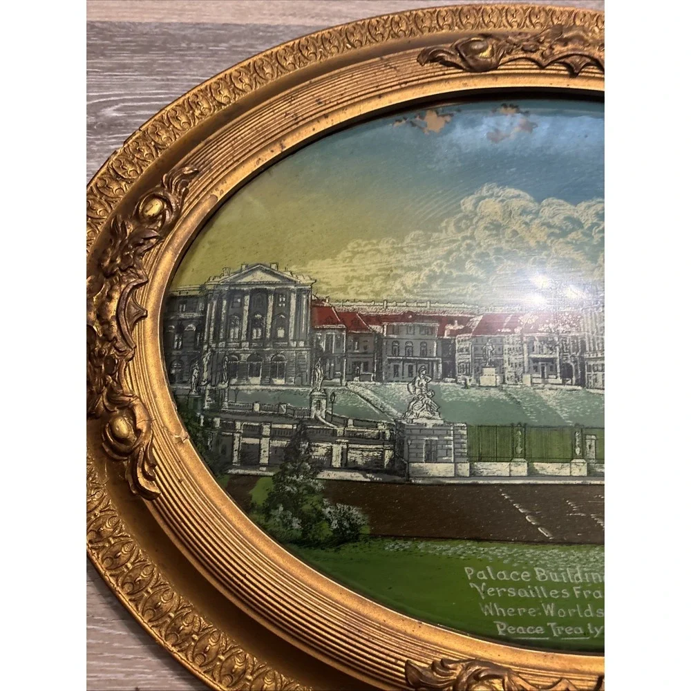 Antique Reverse Painted Bubble Glass Versailles France Gilded Oval Frame 24